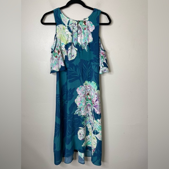 Anthropologie Maeve Elia Open Shoulder Midi Fit Flare Floral Teal dress Sz 0 - Picture 4 of 15